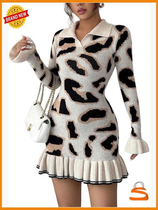 Dresses & Skirts - Leopard Print Sweater Dress Long Sleeve Collar Neck Ruffle Hem Mini Bodycon